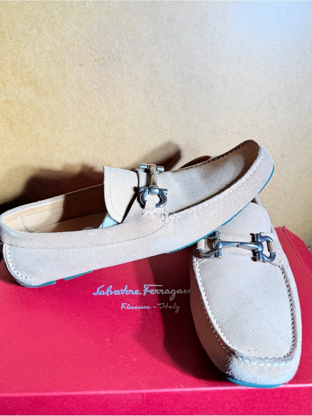 Salvatore Ferragamo Men’s Light Beige Suede Bit Loafers